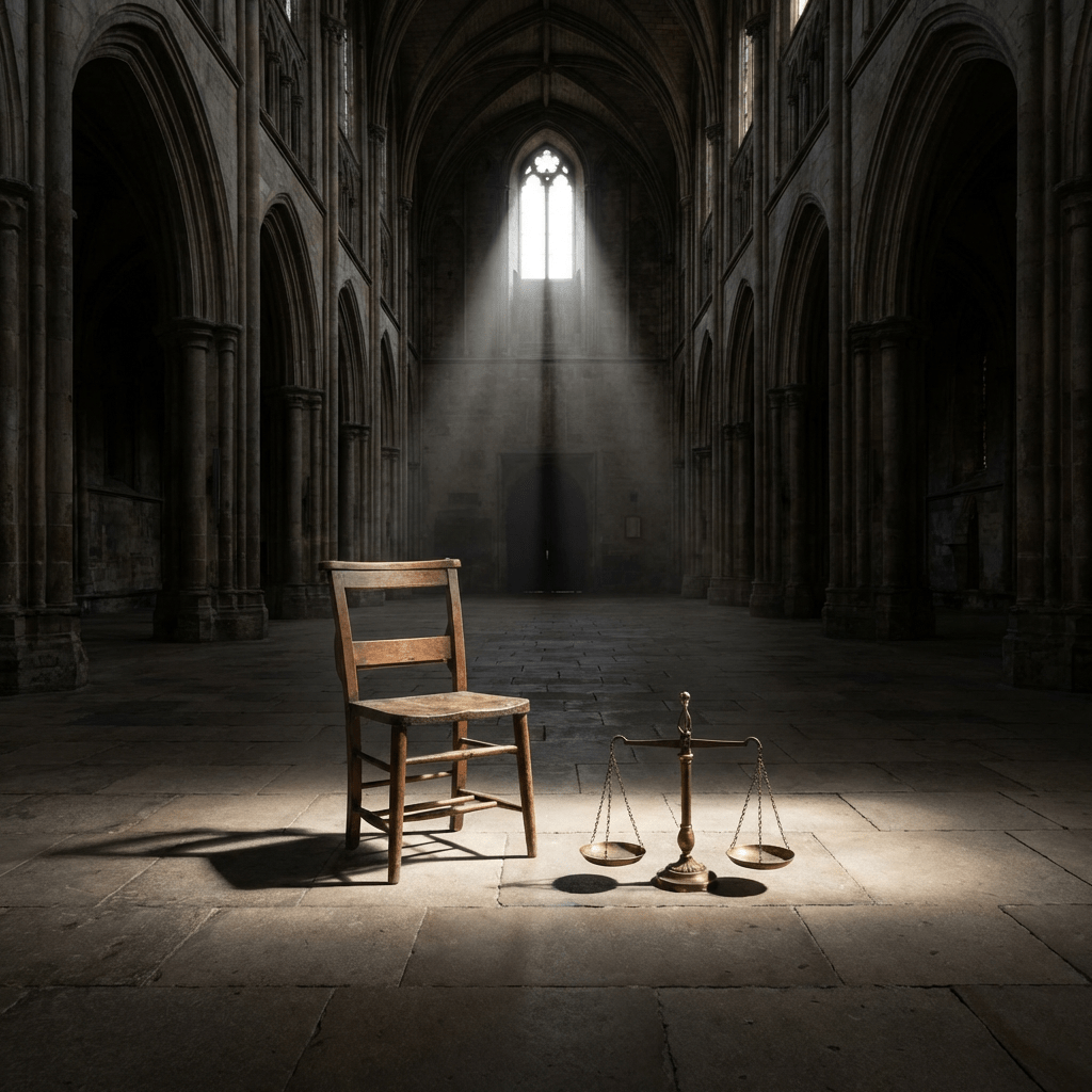 Solitary chair, scales, dramatic hall lighting