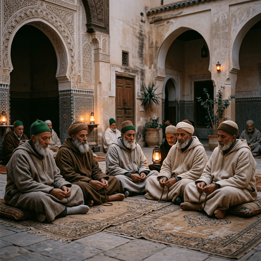 Elderly men in traditional robes sitting cross-legged and meditating in an ornate courtyard