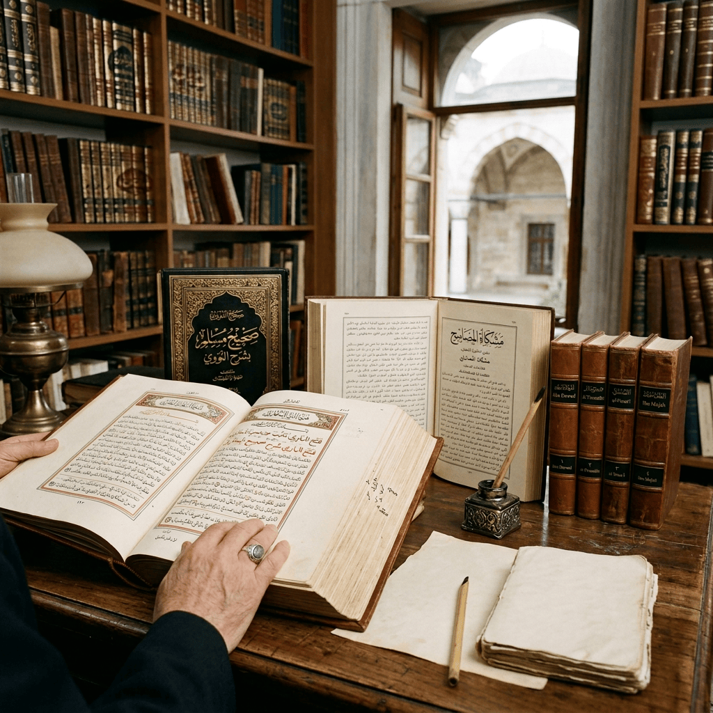 Books labeled Muslim-Sahih, Mishkat al-Masabih, Al-Sunan al-Arba'a, and Hadis Talebi Seyahat Notları